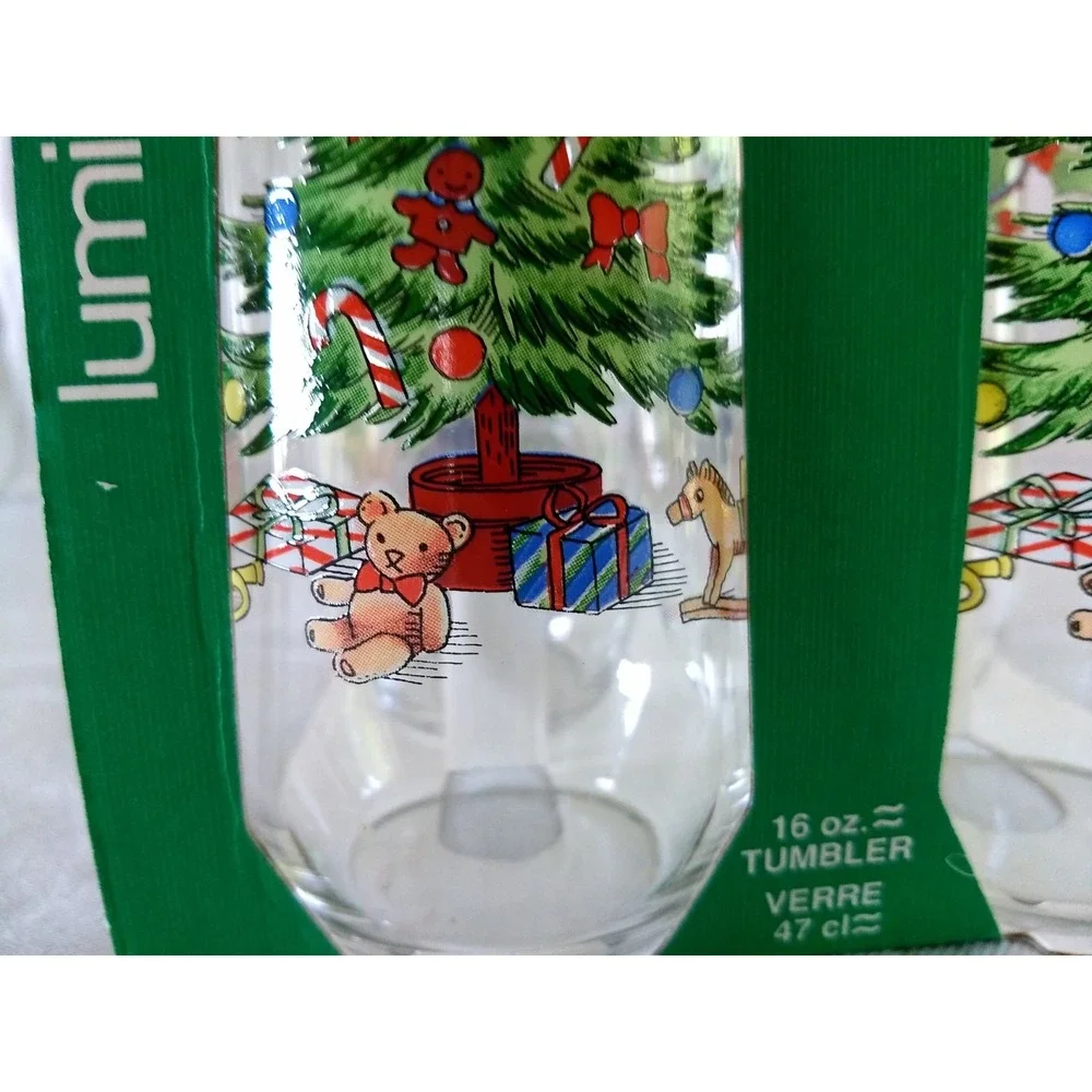 Luminarc Glass Tumblers 16oz NOEL Christmas Tree Holly‎ Vtg 90s Set of 4 NOS NEW